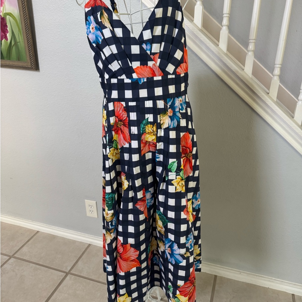 Boston Proper Navy Gingham Floral Midi Dress Sz 12 - Picture 3 of 11